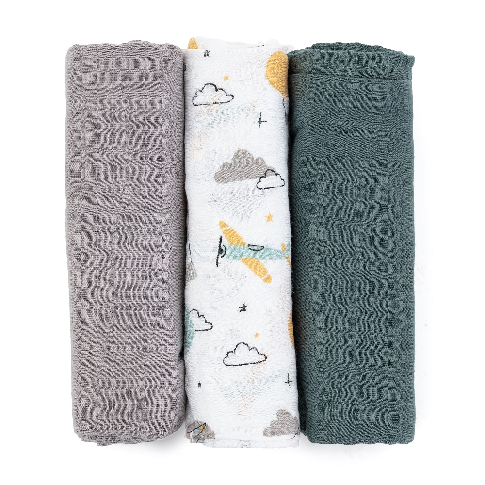 PETITE&amp;MARS Sada plienok bambusová mušelínová 3ks Moussy Grey Planes, 68 x 68 cm