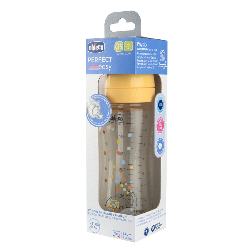CHICCO Dojčenská sklenená fľaša Perfect Easy 240 ml, pomalý silikónový prietok, neutrálna, 0m+