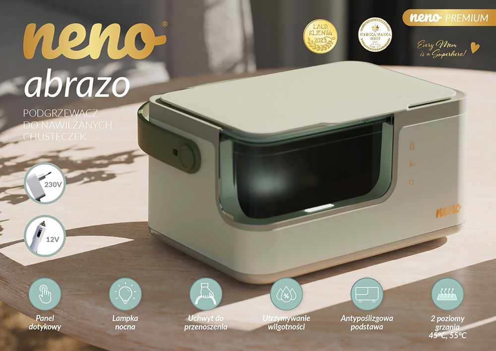 NENO Box na ohrievanie vlhčených obrúskov Abrazo s nočným svetlom, 2 teplotami a adaptérom do auta
