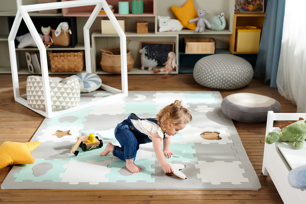 KINDERKRAFT Podložka penová puzzle Luno Shapes 185 x 165 cm Mint, 30ks, Premium