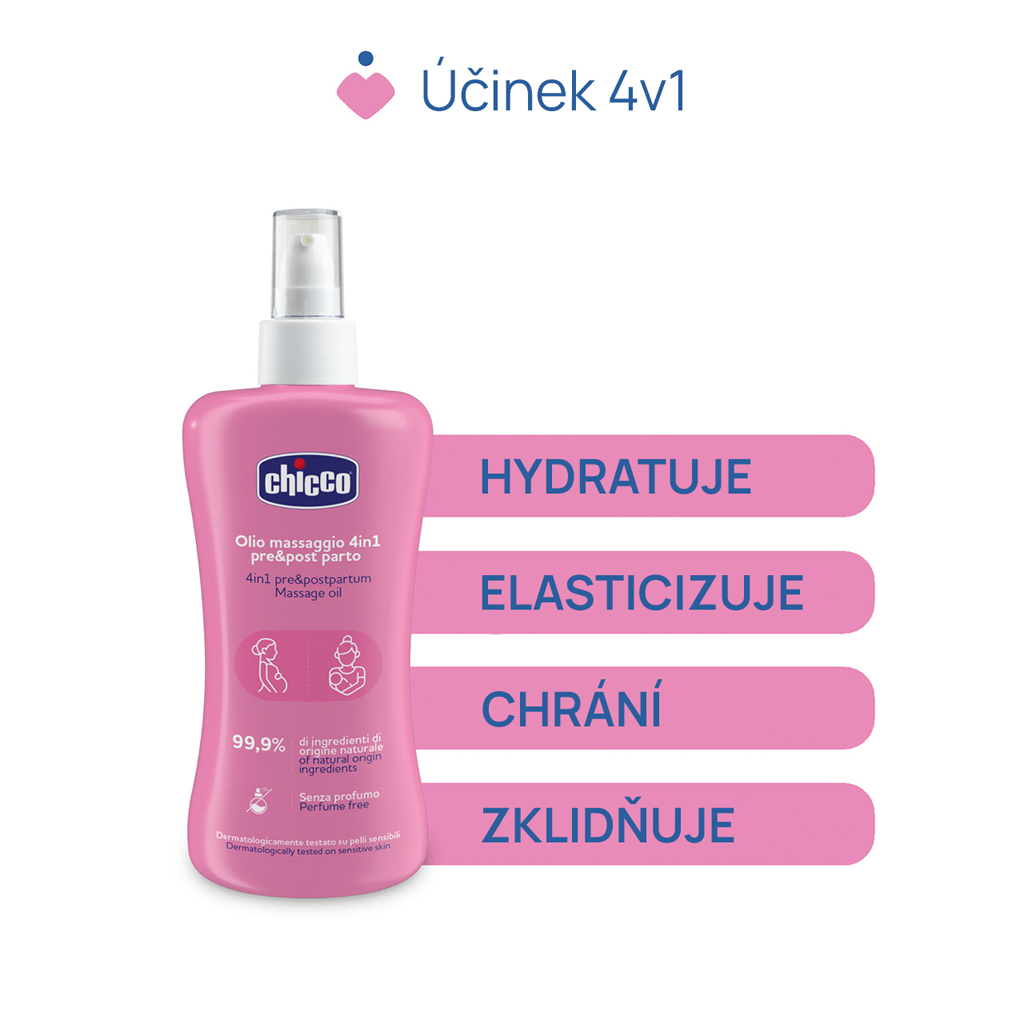 CHICCO Mama Care Olej 4v1 proti striám – na pružnosť pokožky, pred a po pôrode, s vitamínom E, 200 m