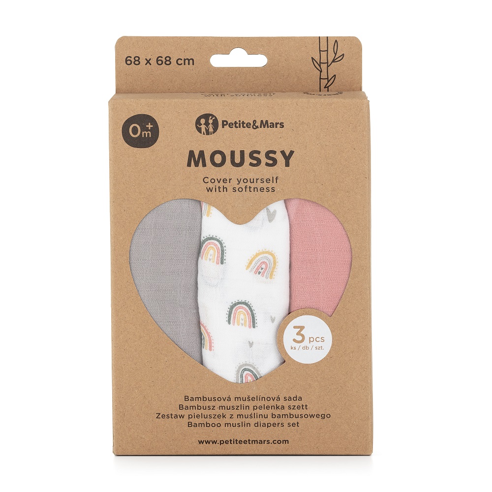 PETITE&amp;MARS Sada plienok bambusová mušelínová 3ks Moussy Rose Rainbows, 68 x 68 cm