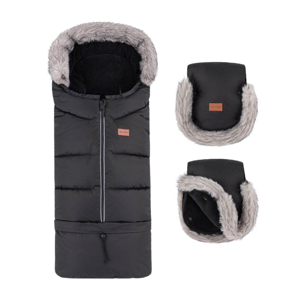 PETITE&amp;MARS Set zimný fusak Arctic 4v1 + rukavice na kočík Furry Forever Black