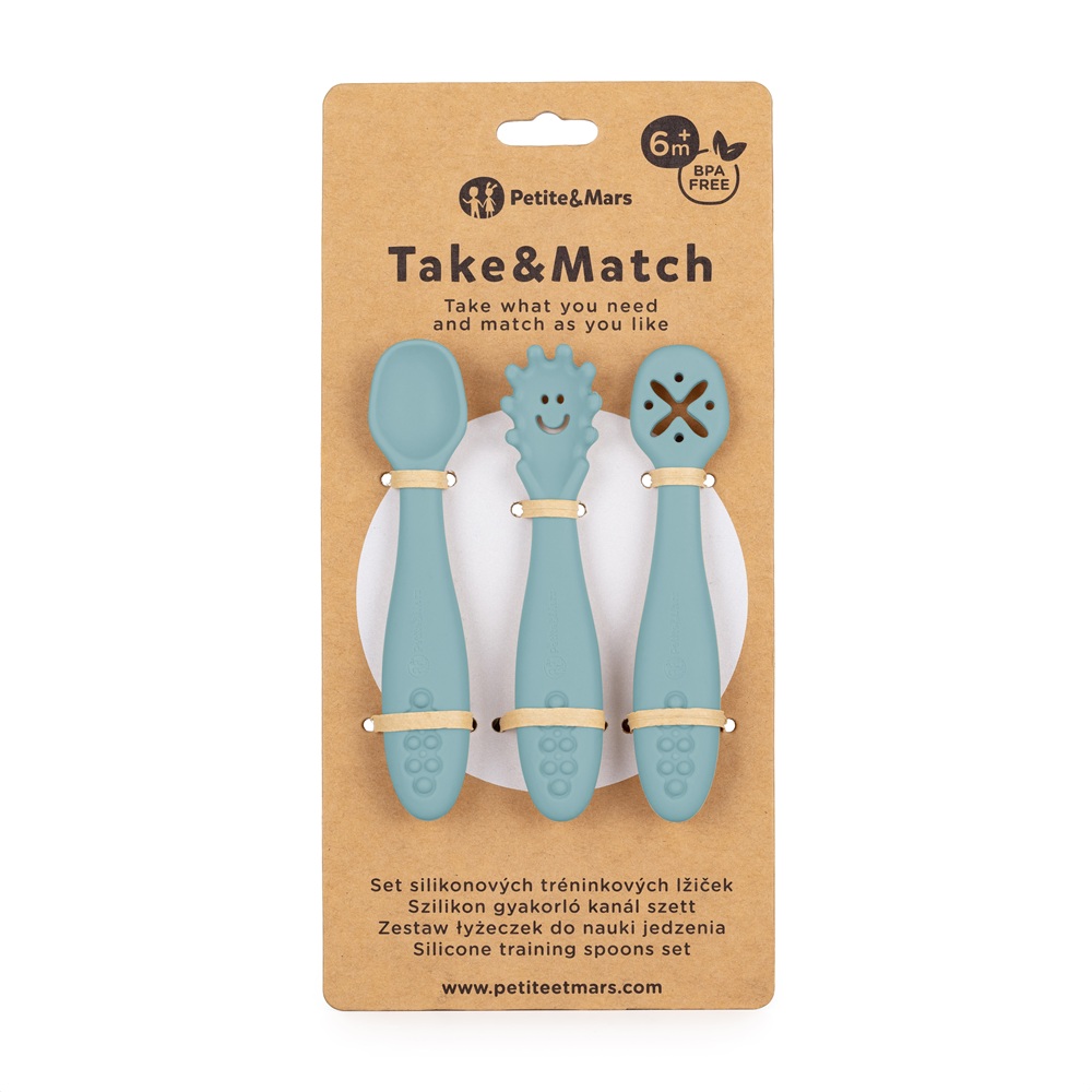 PETITE&amp;MARS Set 3 ks silikónových tréningových lyžičiek Take&amp;Match Frosted Sky 6m+