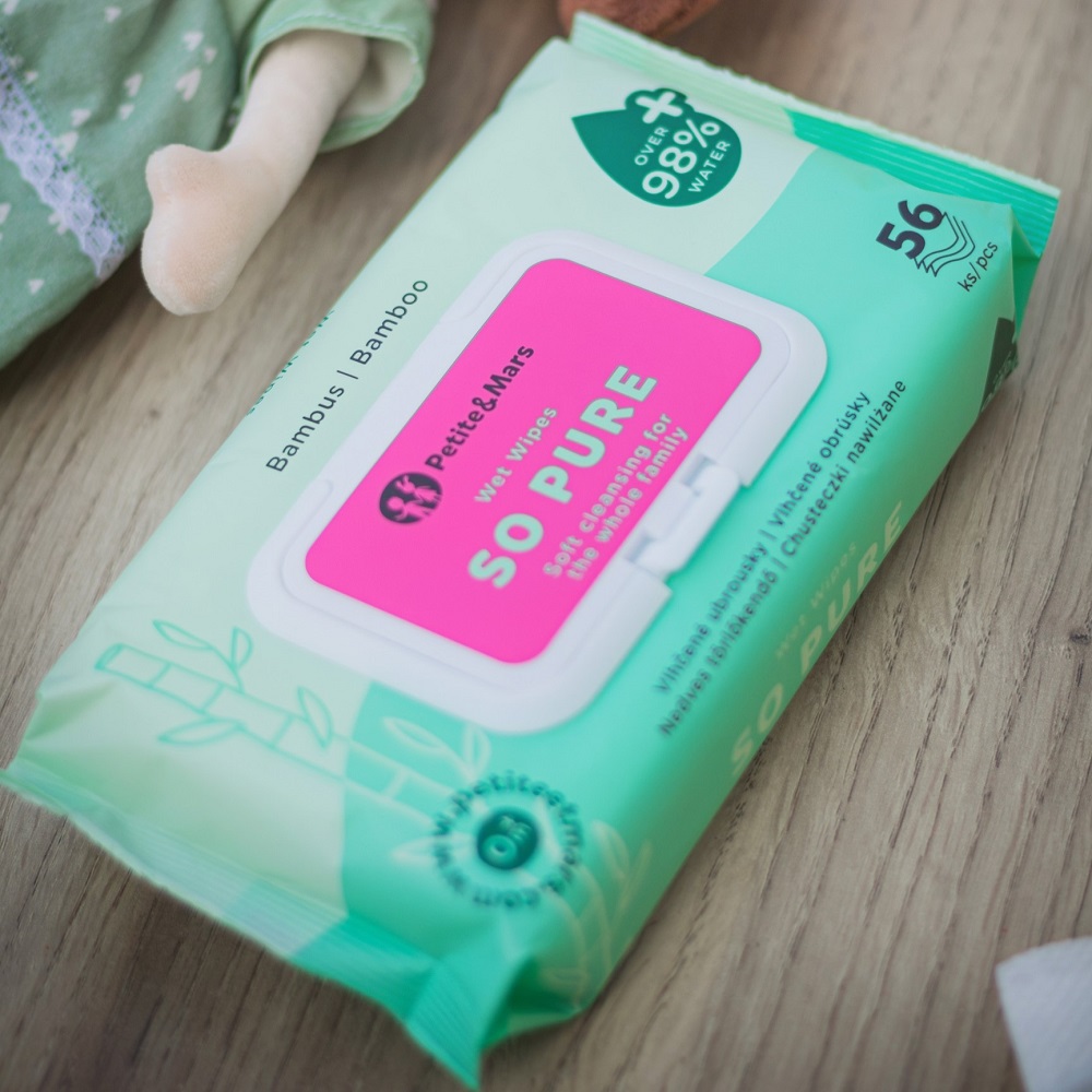 4x PETITE&amp;MARS Obrúsky vlhčené SO PURE bambusové bioodbúrateľné 56 ks