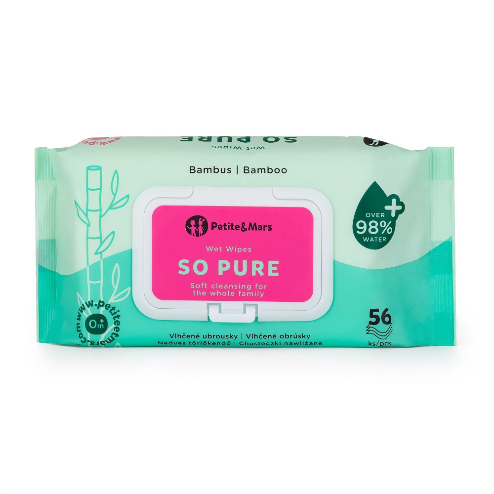 4x PETITE&amp;MARS Obrúsky vlhčené SO PURE bambusové bioodbúrateľné 56 ks