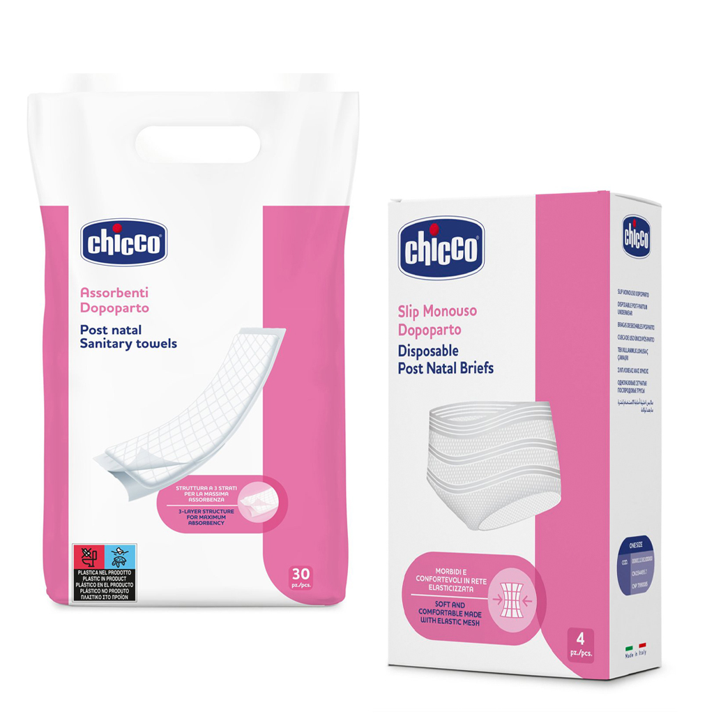 CHICCO Popôrodné vložky 30 ks + Jednorazové sieťované elastické nohavičky po pôrode 4 ks