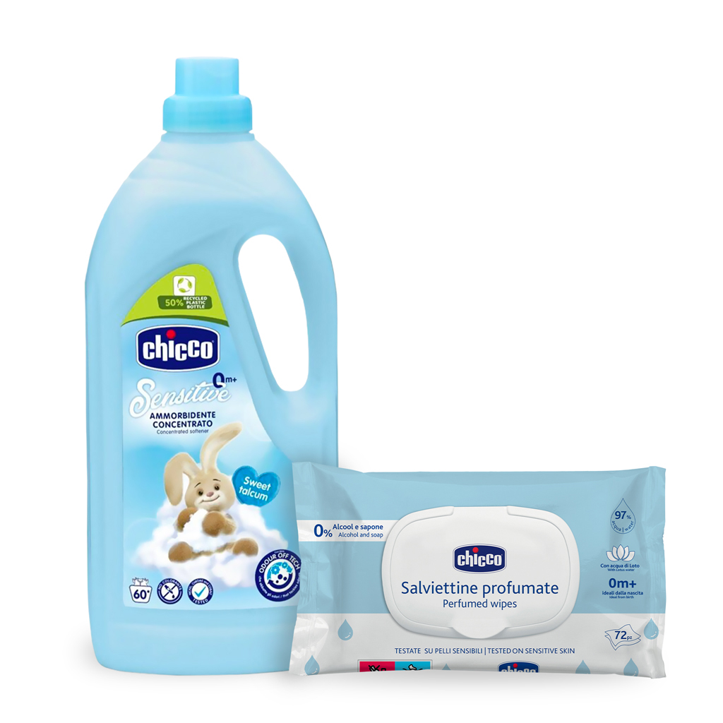 CHICCO Aviváž koncentrovaná Baby Sensitive Sladký púder 1,5 l, 60 praní + vlhčené obrúsky 72 ks zada