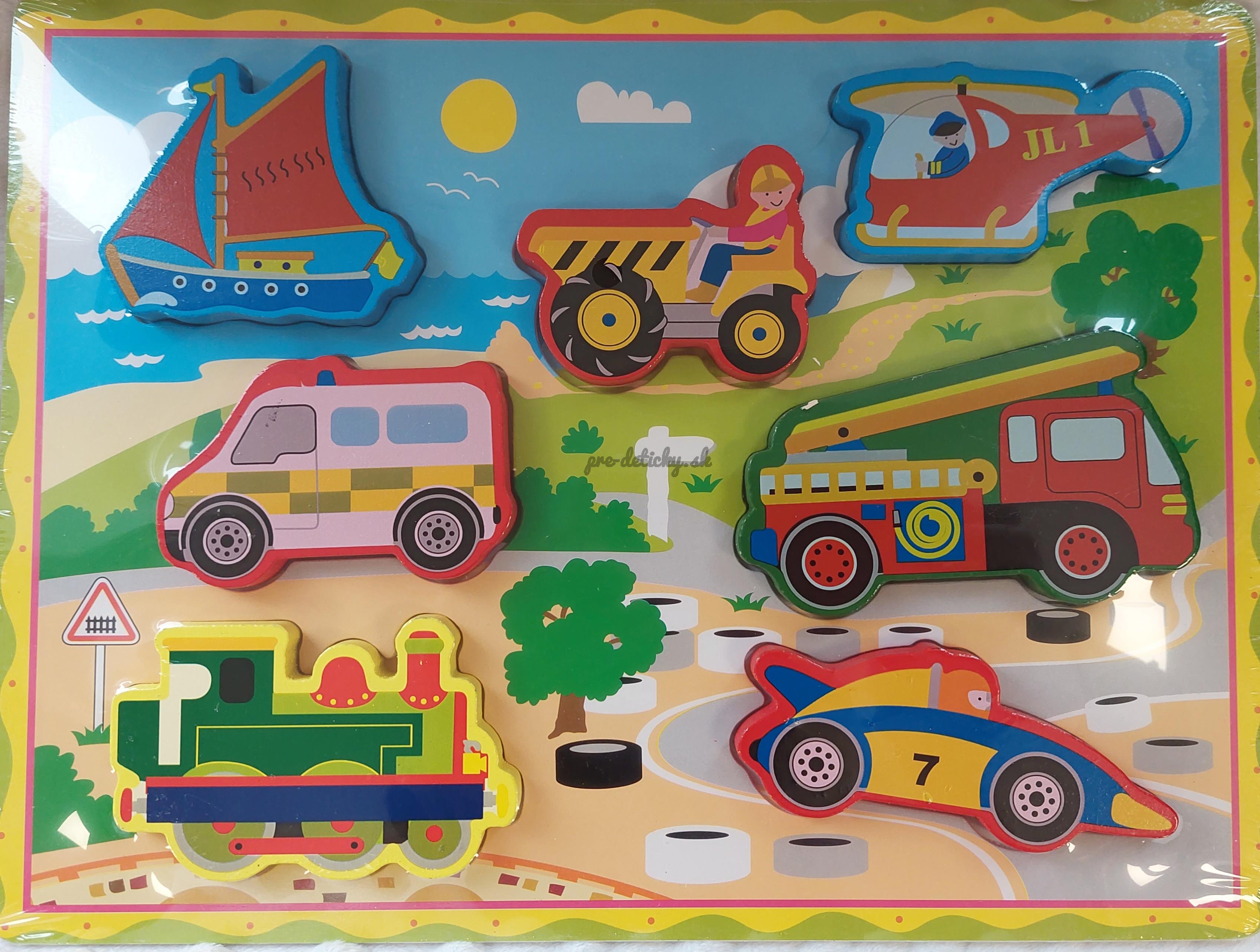 Drevená hračka na vkladanie Učíme sa tvary farby Montessori Vehicles