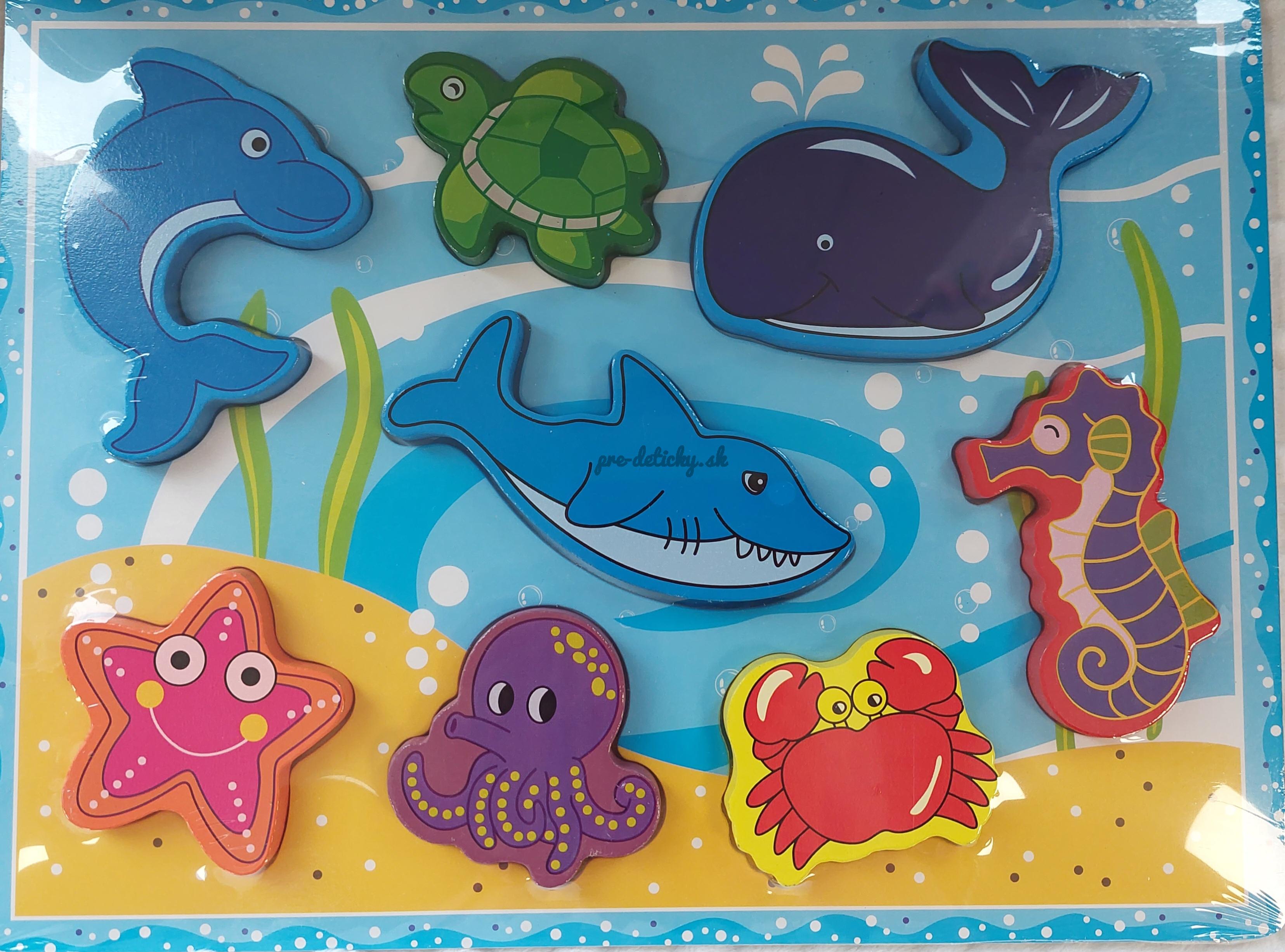 Drevená hračka na vkladanie Učíme sa tvary farby Montessori Sea