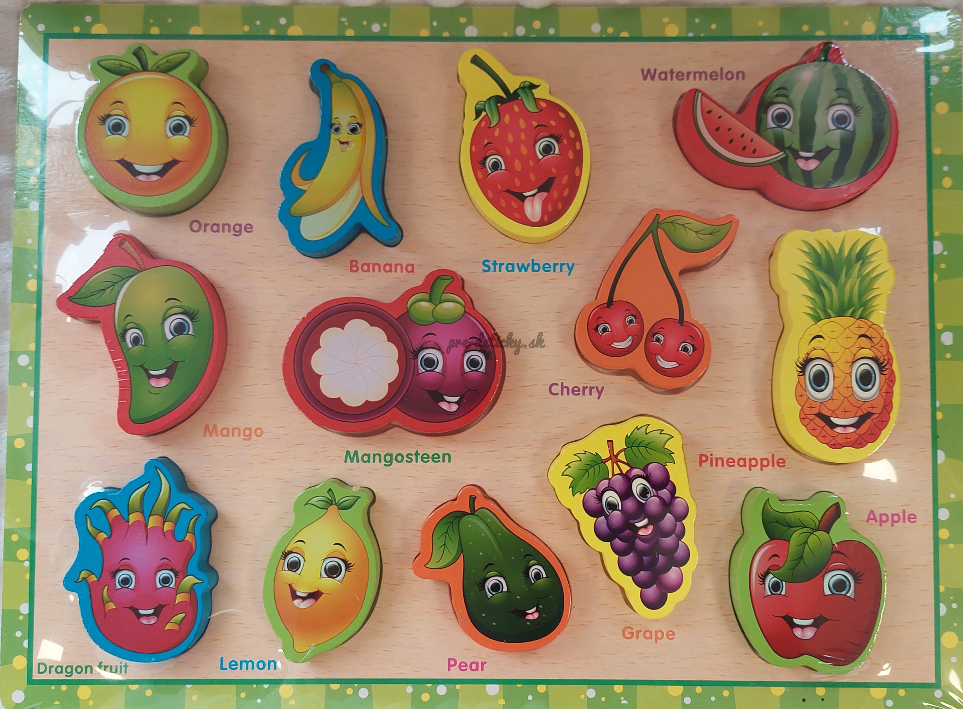 Drevená hračka na vkladanie Učíme sa tvary farby Montessori Fruit 2