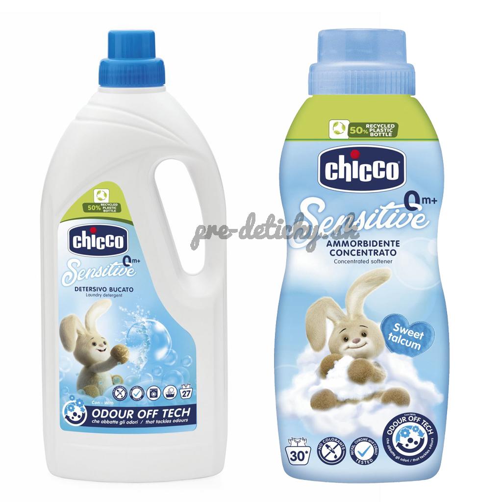 CHICCO Prací gél Baby Sensitive 1,5 l + Aviváž Baby Sensitive koncentrovaná Sladký púder 750 ml