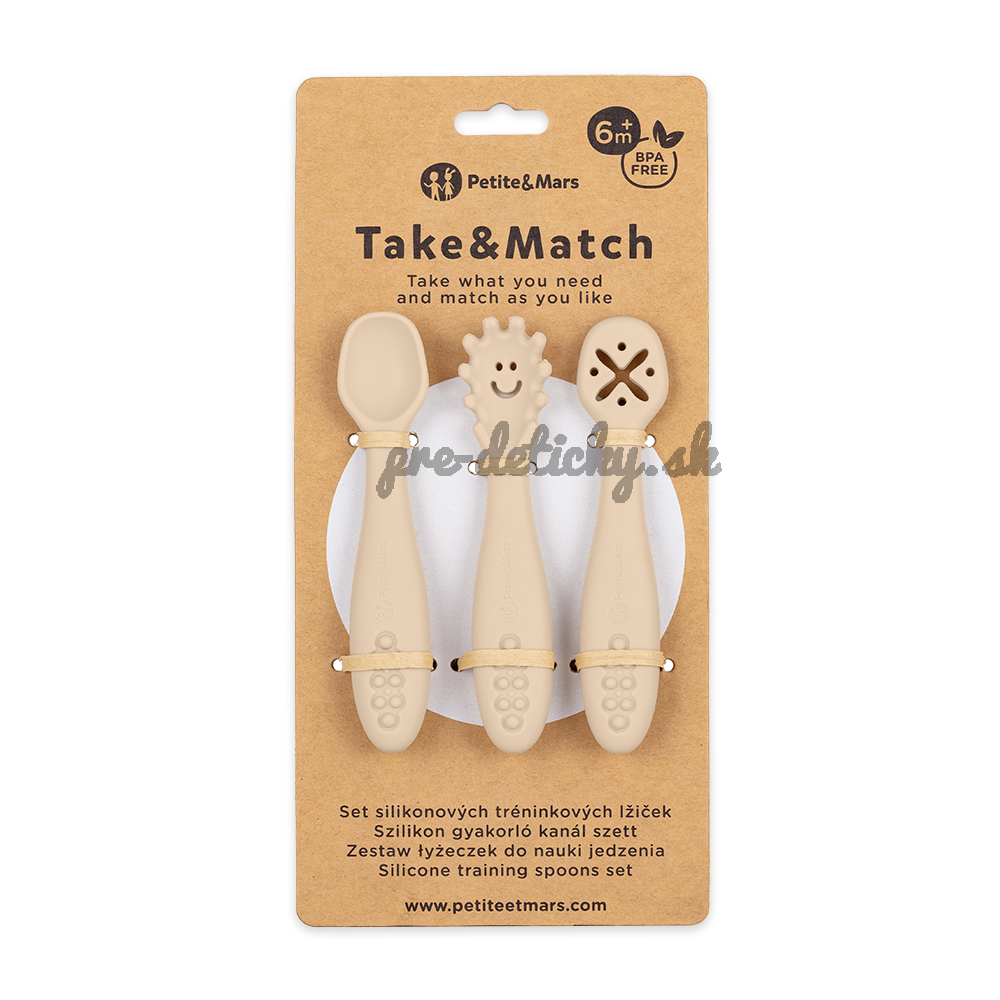 PETITE&MARS Set 3 ks silikónových tréningových lyžičiek Take&Match Desert Sand 6m+