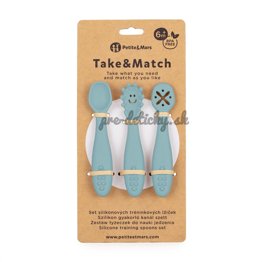 PETITE&MARS Set 3 ks silikónových tréningových lyžičiek Take&Match Frosted Sky 6m+