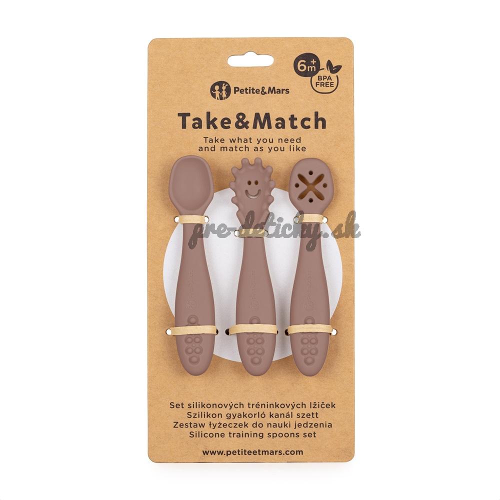 PETITE&MARS Set 3 ks silikónových tréningových lyžičiek Take&Match Velvet Latte 6m+