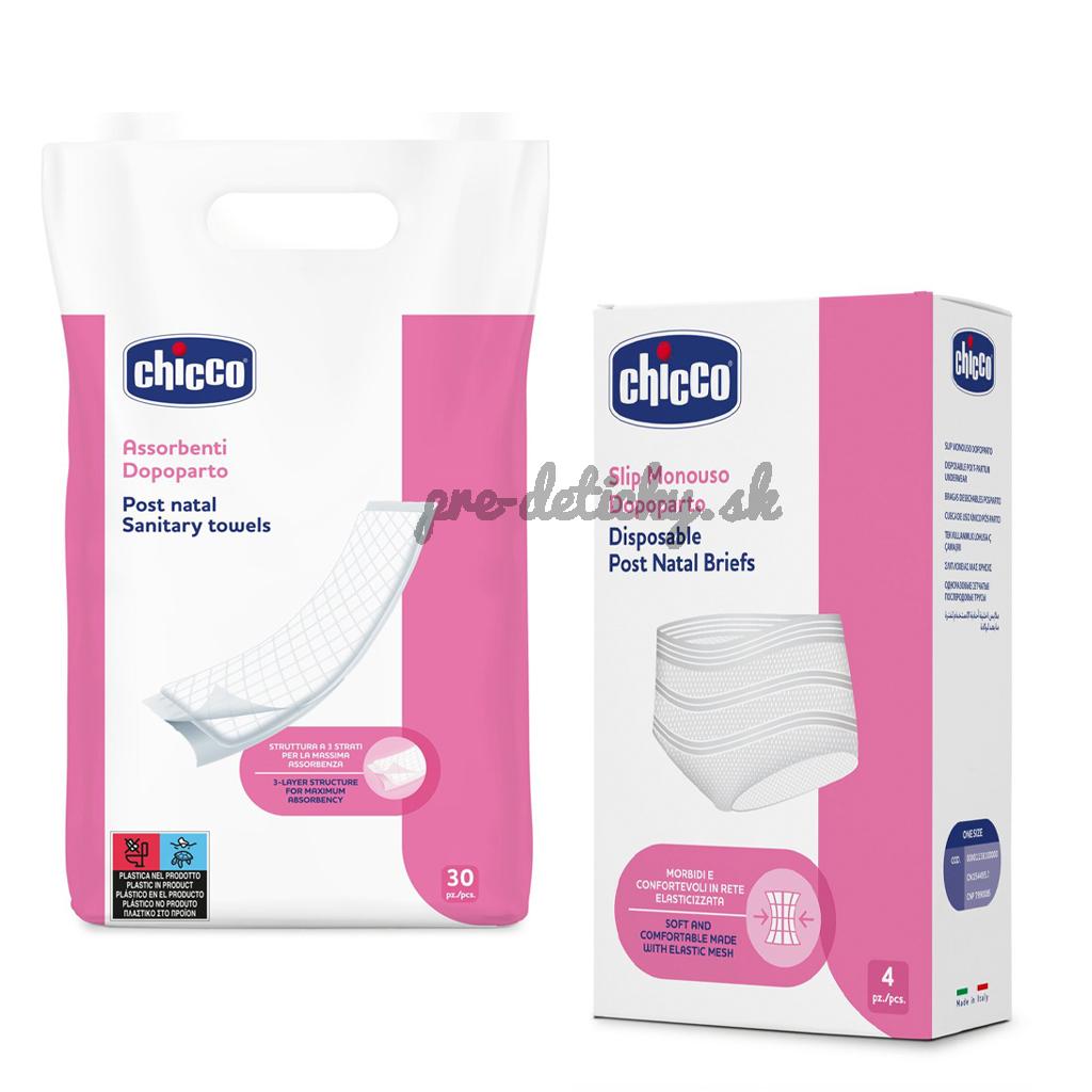 CHICCO Popôrodné vložky 30 ks + Jednorazové sieťované elastické nohavičky po pôrode 4 ks